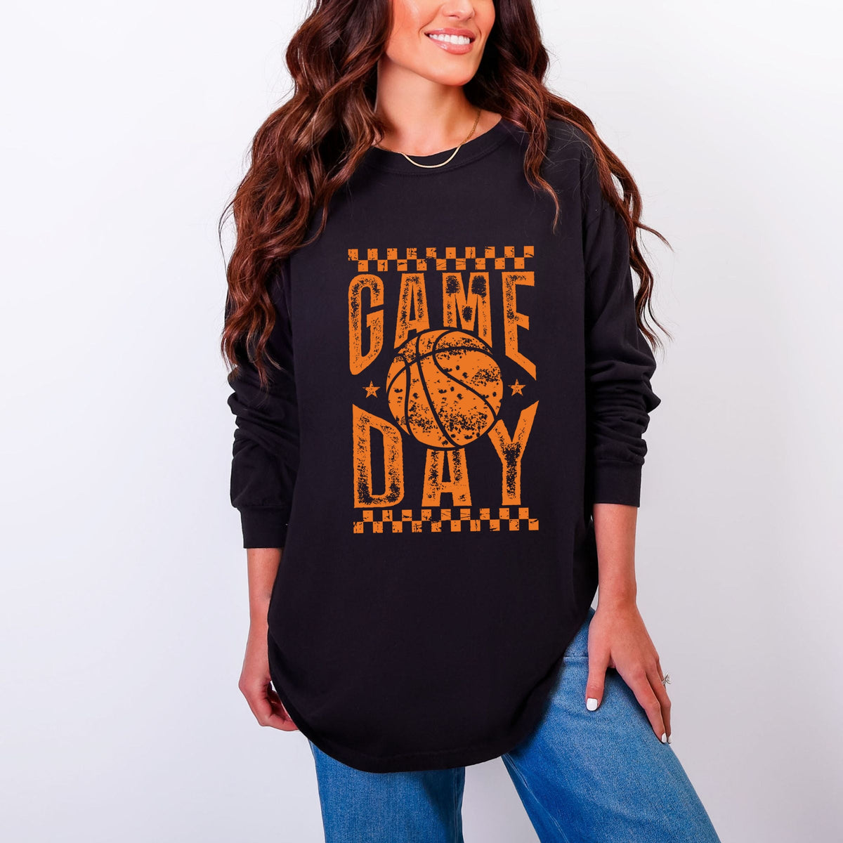 Basketball Game Day Checkered Distressed - Women's Garment Dyed Long Sleeve Graphic T-Shirt