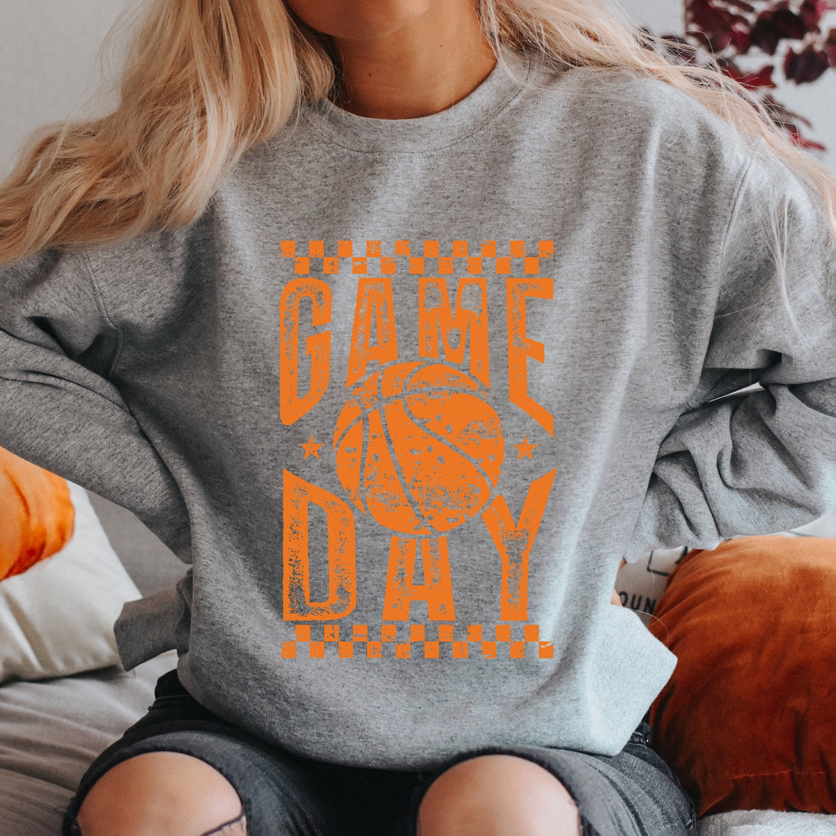 Basketball Game Day Checkered Distressed - Women's Graphic Sweatshirt