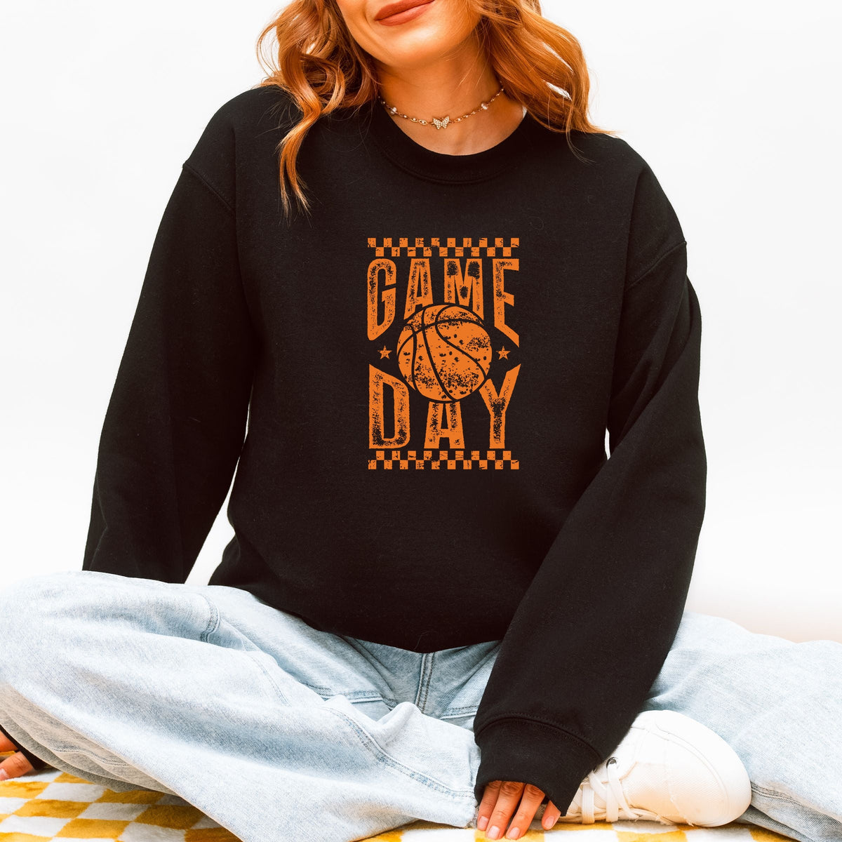 Basketball Game Day Checkered Distressed - Women's Graphic Sweatshirt