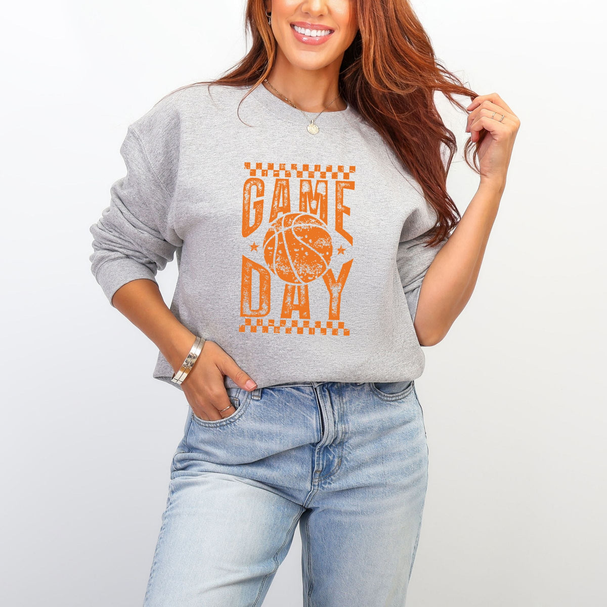 Basketball Game Day Checkered Distressed - Women's Graphic Sweatshirt