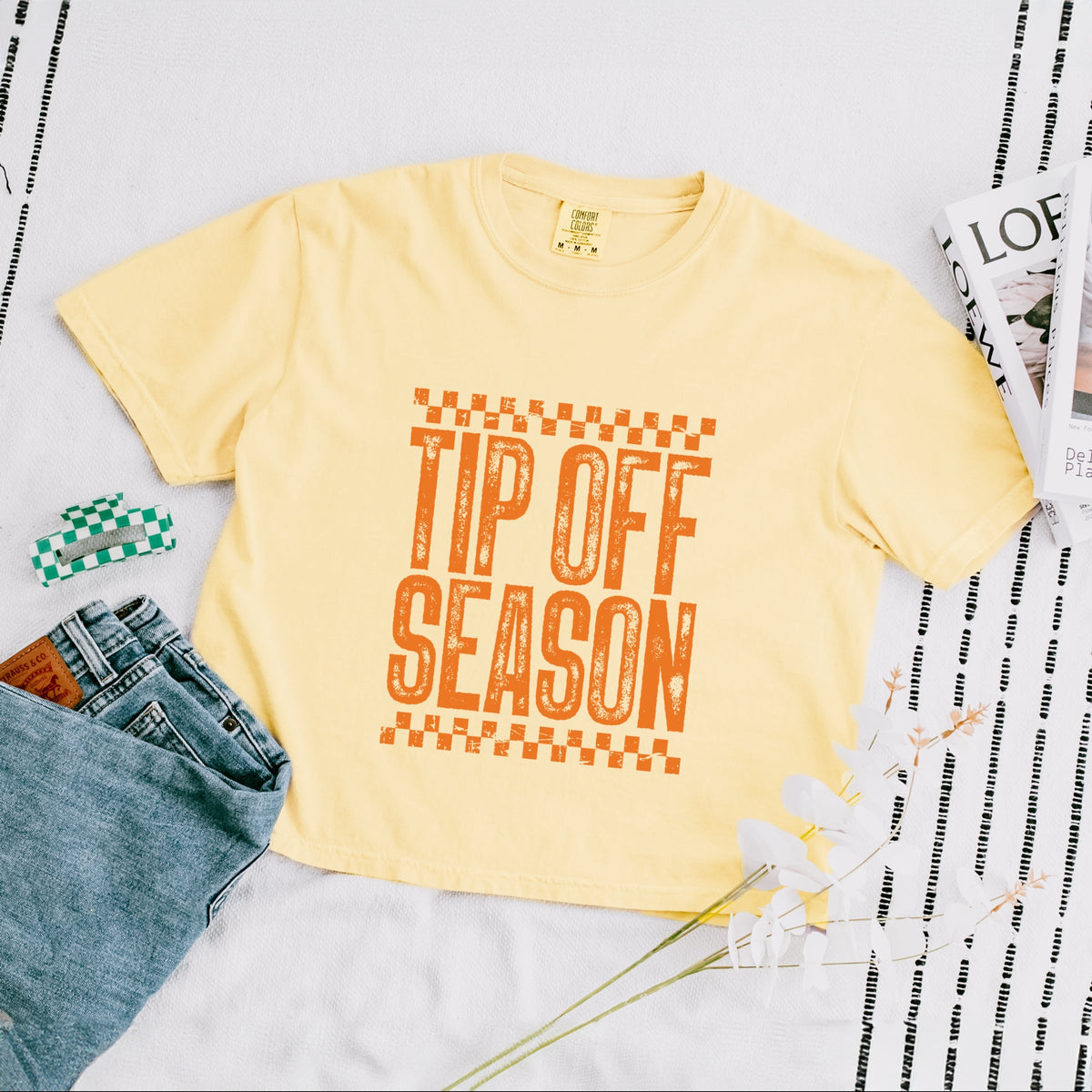 Tip Off Season Checkered Distressed - Women's Boxy Crop Top Graphic T-Shirt