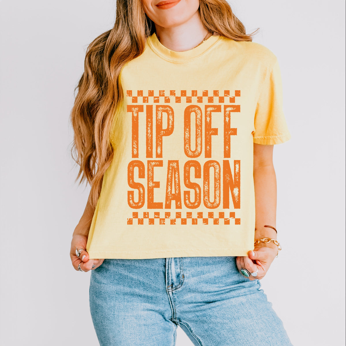 Tip Off Season Checkered Distressed - Women's Boxy Crop Top Graphic T-Shirt