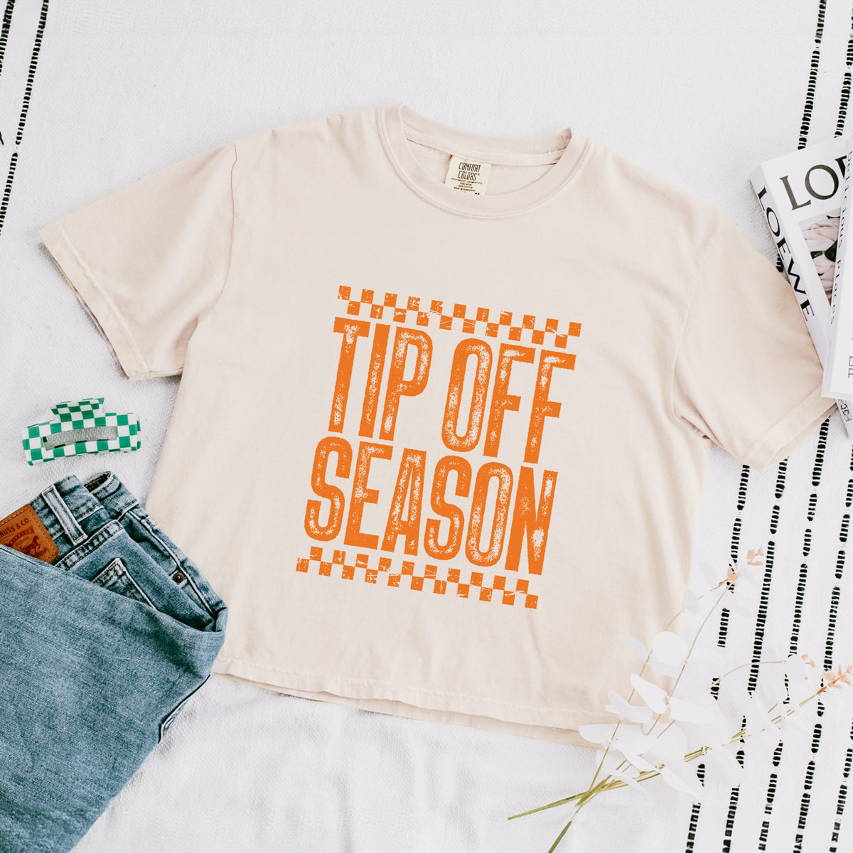 Tip Off Season Checkered Distressed - Women's Boxy Crop Top Graphic T-Shirt