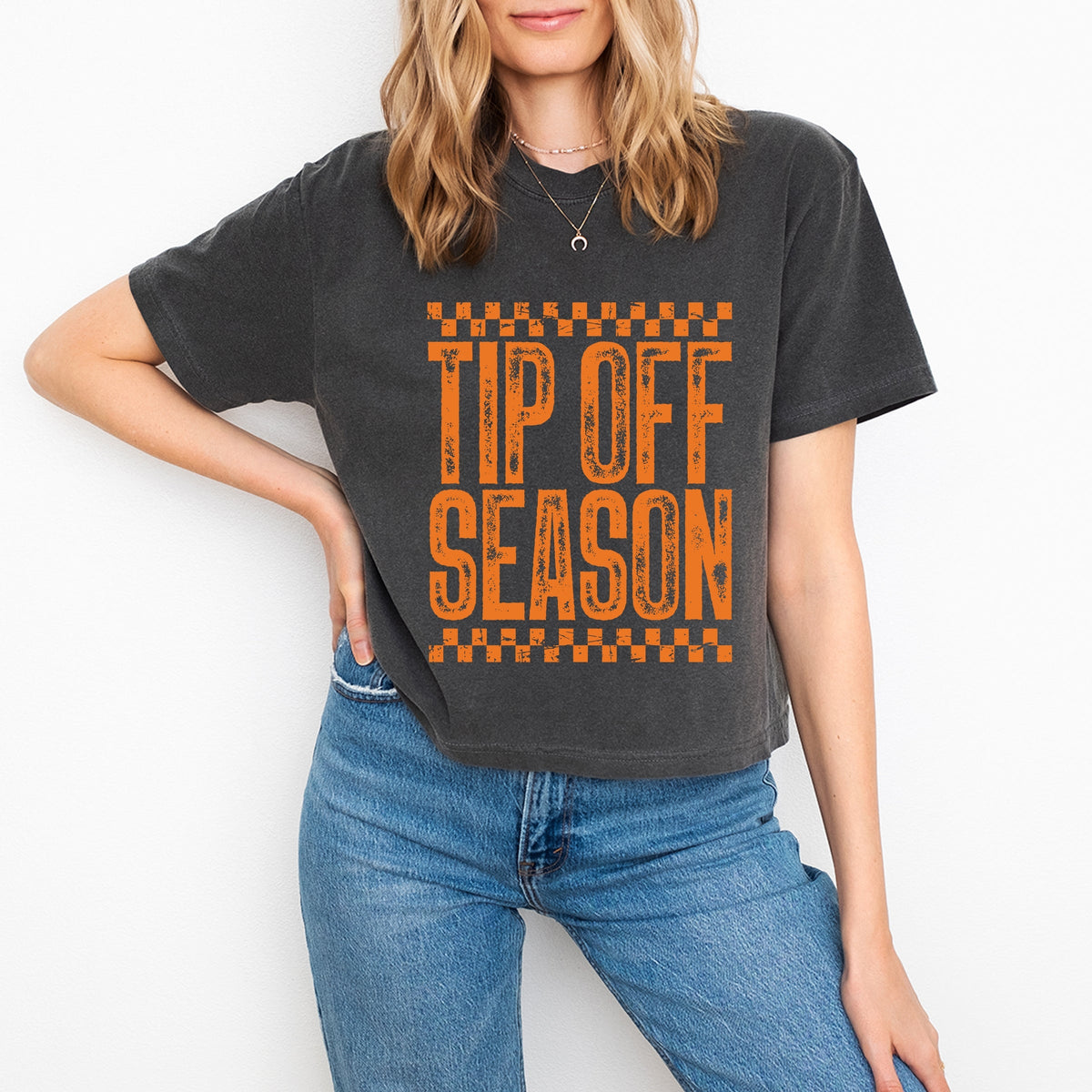 Tip Off Season Checkered Distressed - Women's Boxy Crop Top Graphic T-Shirt