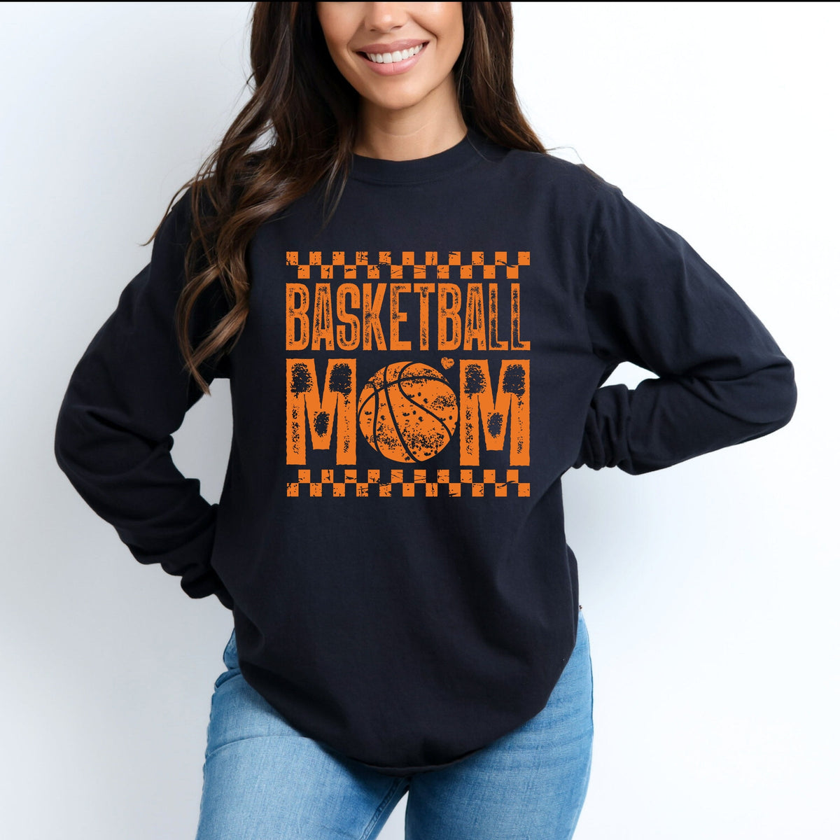 Basketball Mom Checkered Distressed - Women's Garment Dyed Long Sleeve Graphic T-Shirt