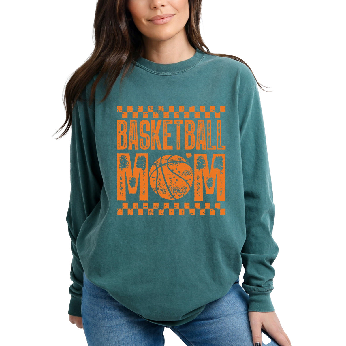 Basketball Mom Checkered Distressed - Women's Garment Dyed Long Sleeve Graphic T-Shirt