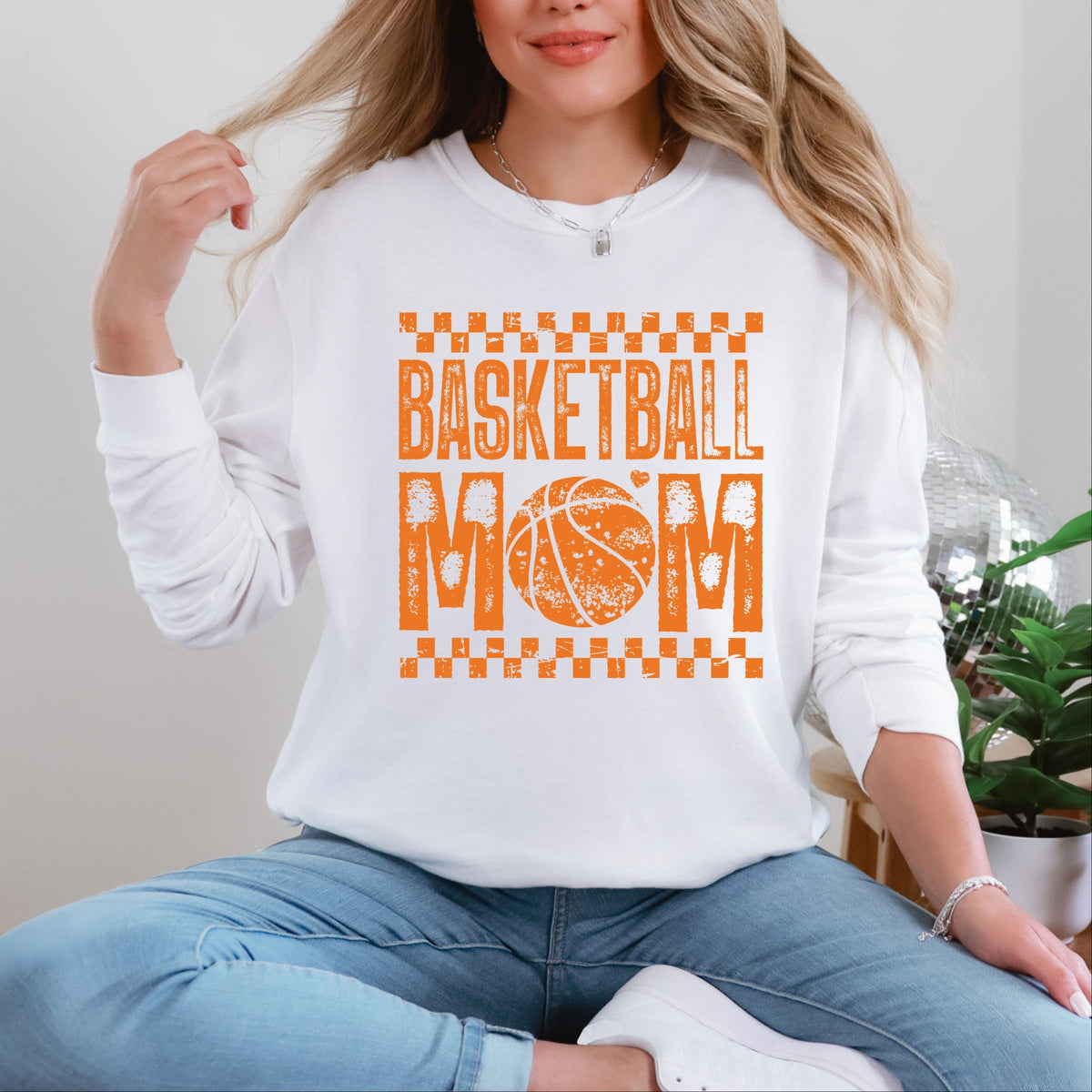 Basketball Mom Checkered Distressed - Women's Garment Dyed Long Sleeve Graphic T-Shirt