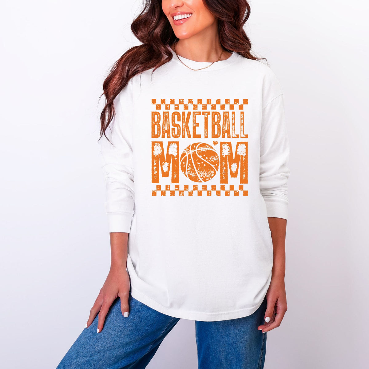 Basketball Mom Checkered Distressed - Women's Garment Dyed Long Sleeve Graphic T-Shirt
