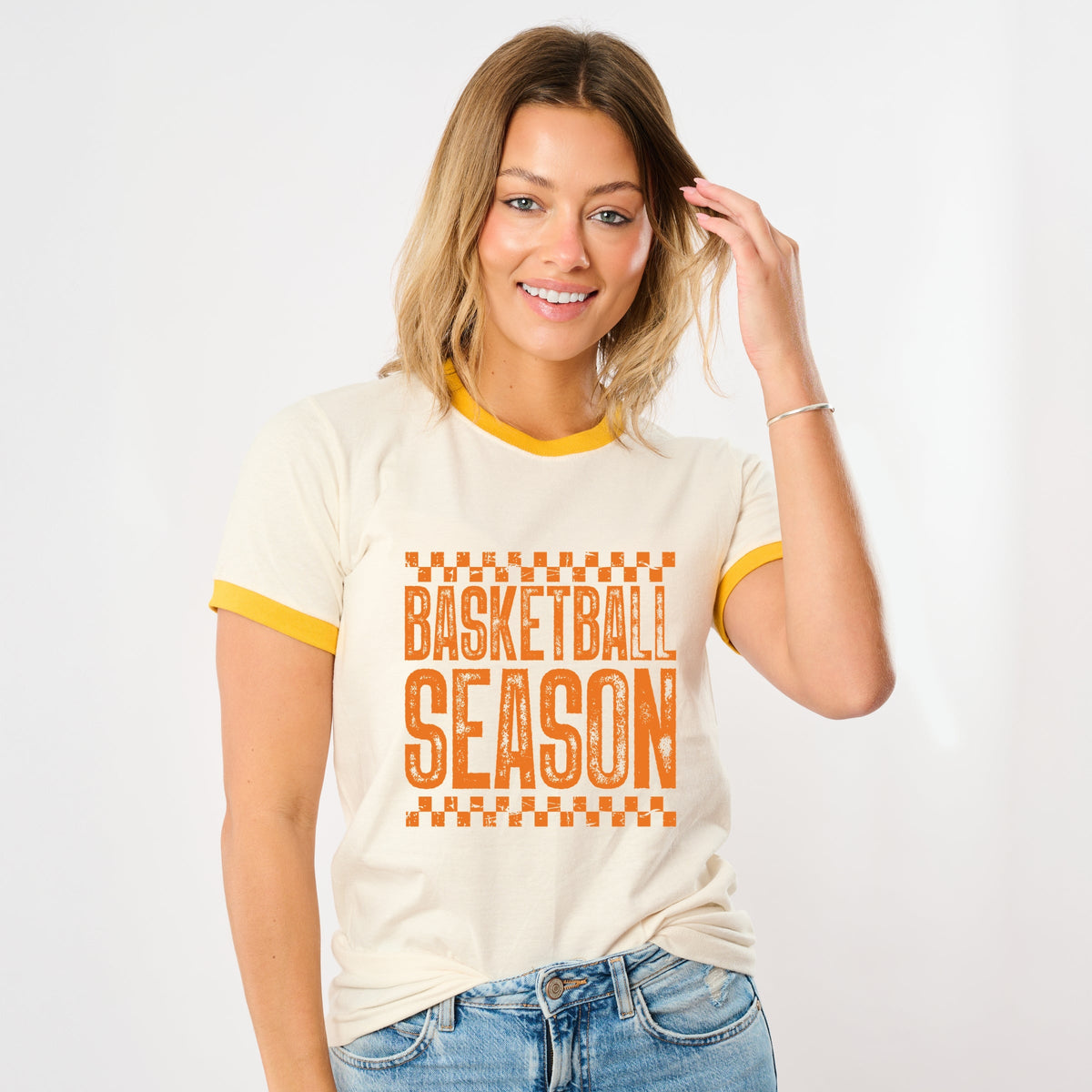 Basketball Season Checkered Distressed - Women's Ringer Graphic T-Shirt