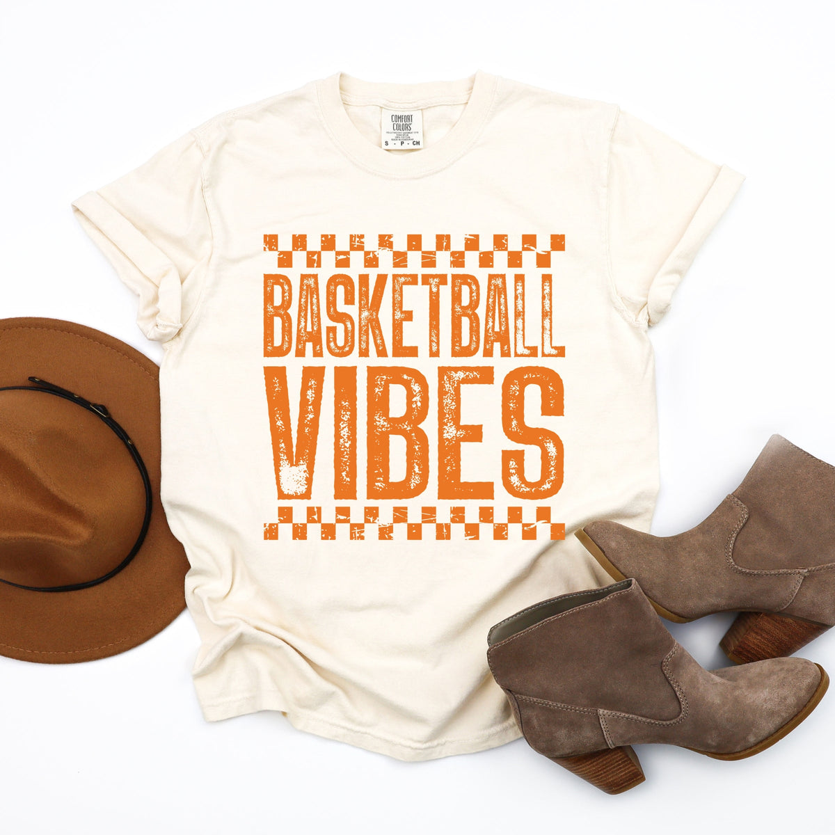 Basketball Vibes Checkered Distressed - Women's Garment Dyed Graphic T-Shirt
