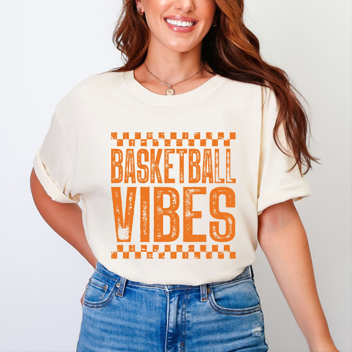Basketball Vibes Checkered Distressed - Women's Garment Dyed Graphic T-Shirt