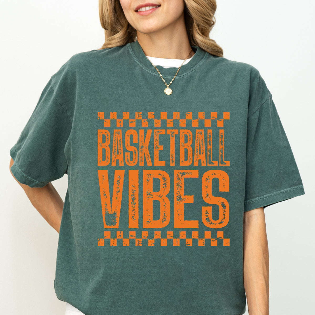 Basketball Vibes Checkered Distressed - Women's Garment Dyed Graphic T-Shirt