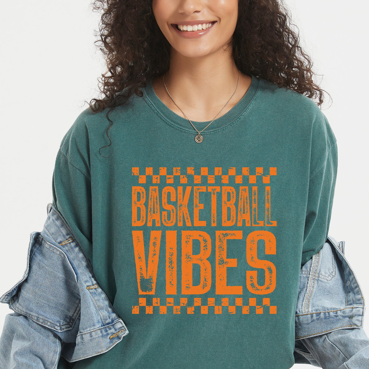 Basketball Vibes Checkered Distressed - Women's Garment Dyed Graphic T-Shirt