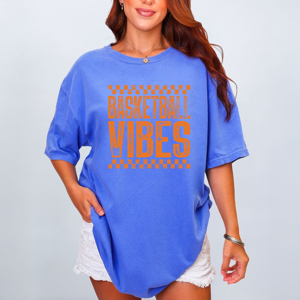 Basketball Vibes Checkered Distressed - Women's Garment Dyed Graphic T-Shirt