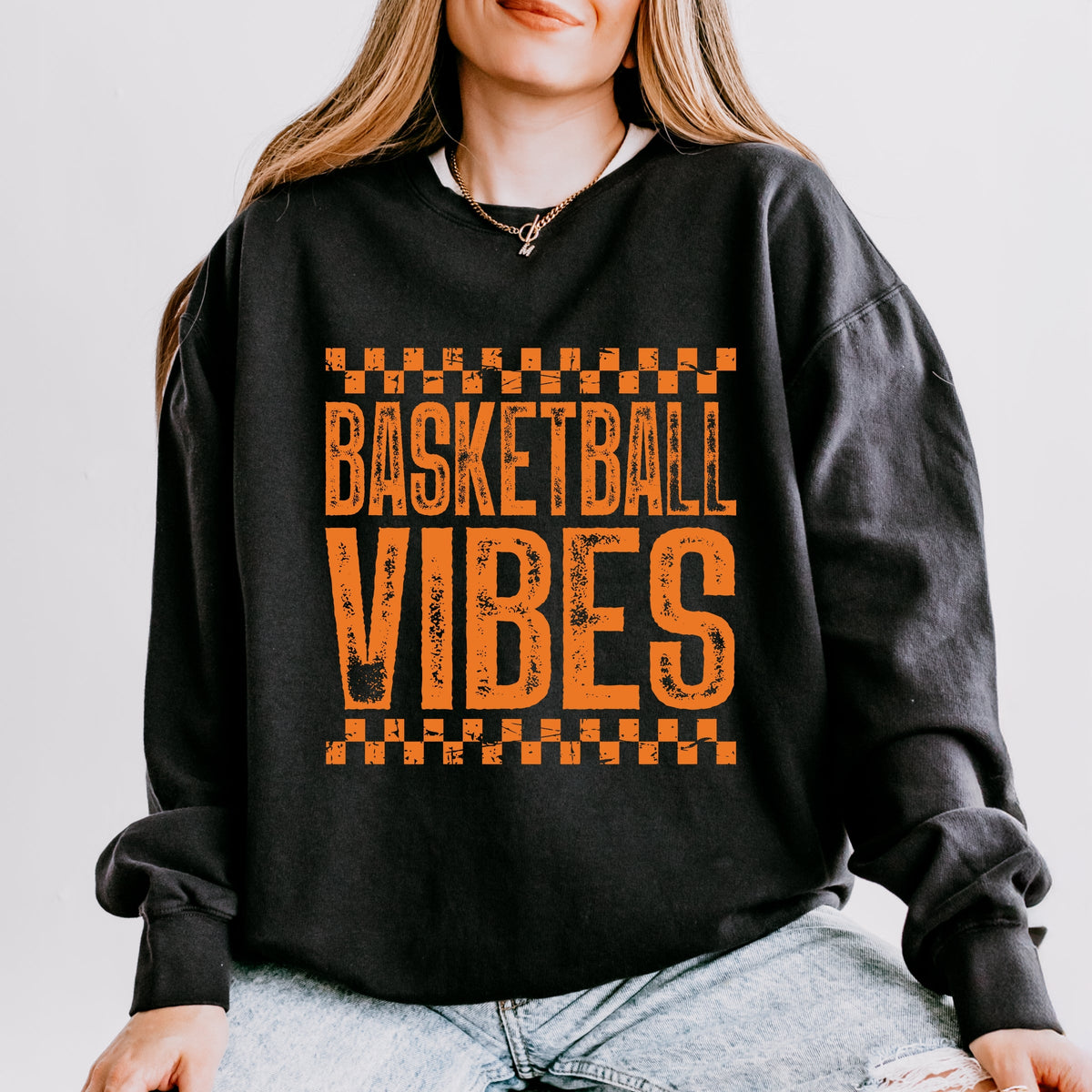 Basketball Vibes Checkered Distressed - Women's Lightweight Garment Dyed Sweatshirt