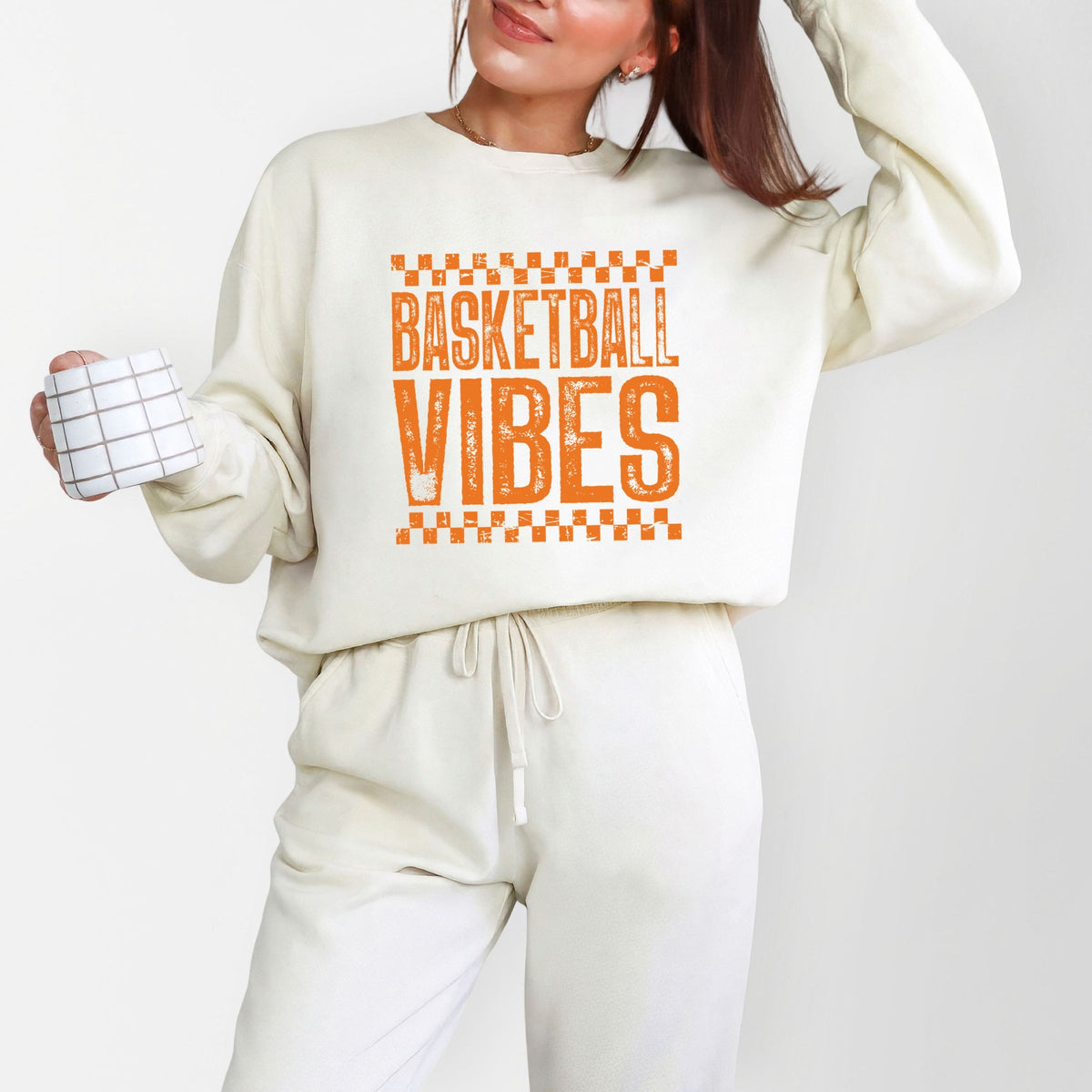 Basketball Vibes Checkered Distressed - Women's Lightweight Garment Dyed Sweatshirt