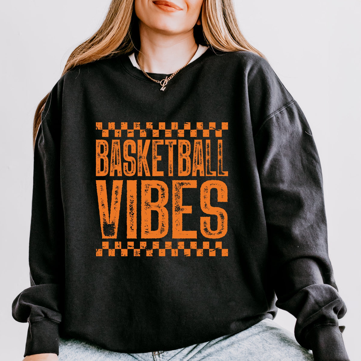 Basketball Vibes Checkered Distressed - Women's Lightweight Garment Dyed Sweatshirt