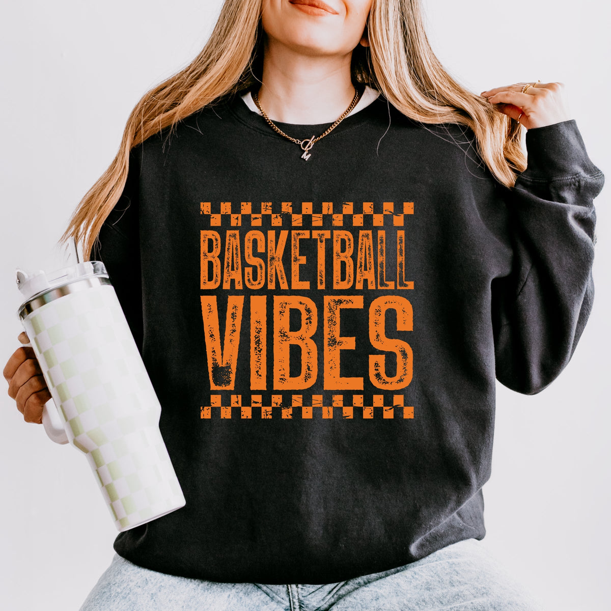 Basketball Vibes Checkered Distressed - Women's Lightweight Garment Dyed Sweatshirt