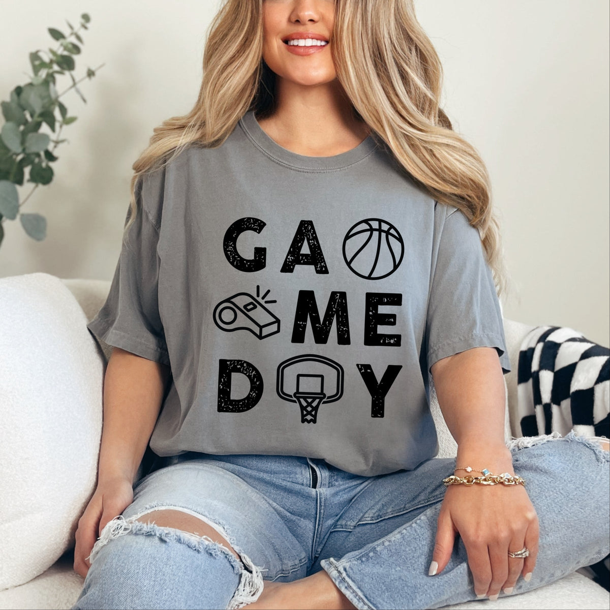 Basketball Game Day Block Distressed - Women's Garment Dyed Graphic T-Shirt