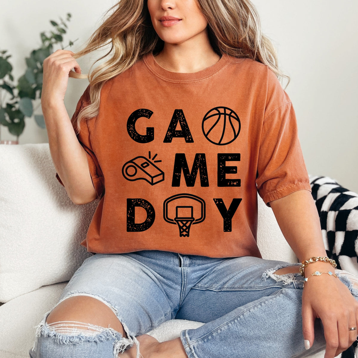 Basketball Game Day Block Distressed - Women's Garment Dyed Graphic T-Shirt