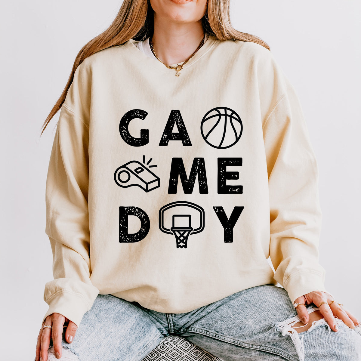 Basketball Game Day Block Distressed - Women's Lightweight Garment Dyed Sweatshirt