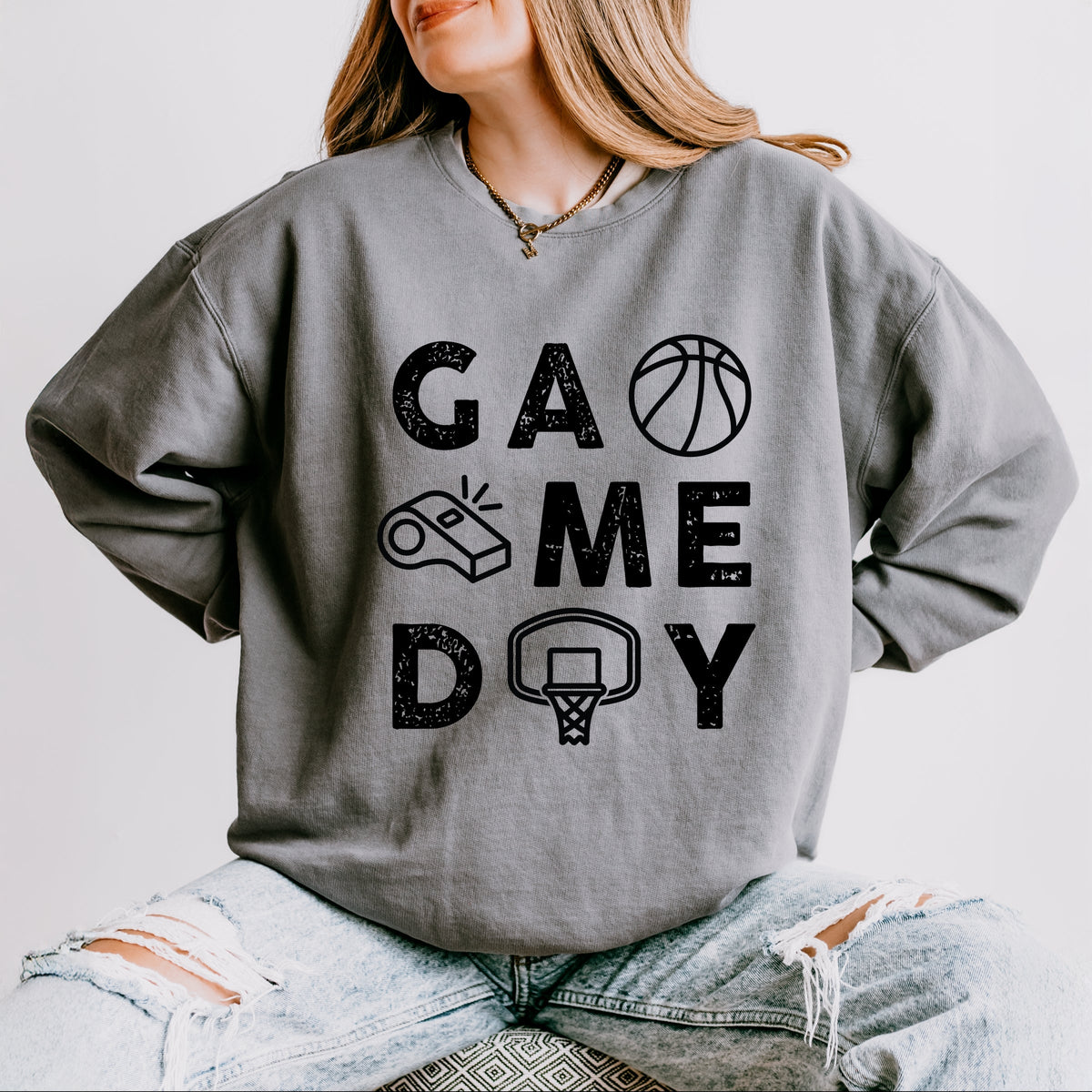 Basketball Game Day Block Distressed - Women's Lightweight Garment Dyed Sweatshirt