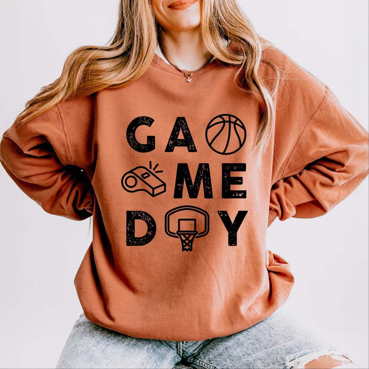 Basketball Game Day Block Distressed - Women's Lightweight Garment Dyed Sweatshirt