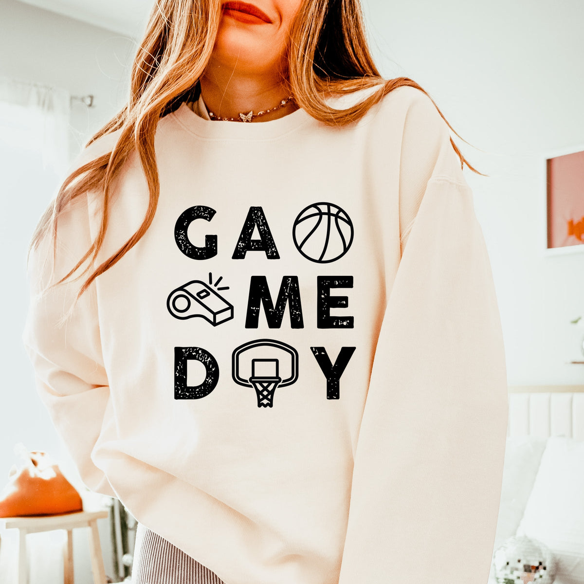 Basketball Game Day Block Distressed - Women's Lightweight Garment Dyed Sweatshirt
