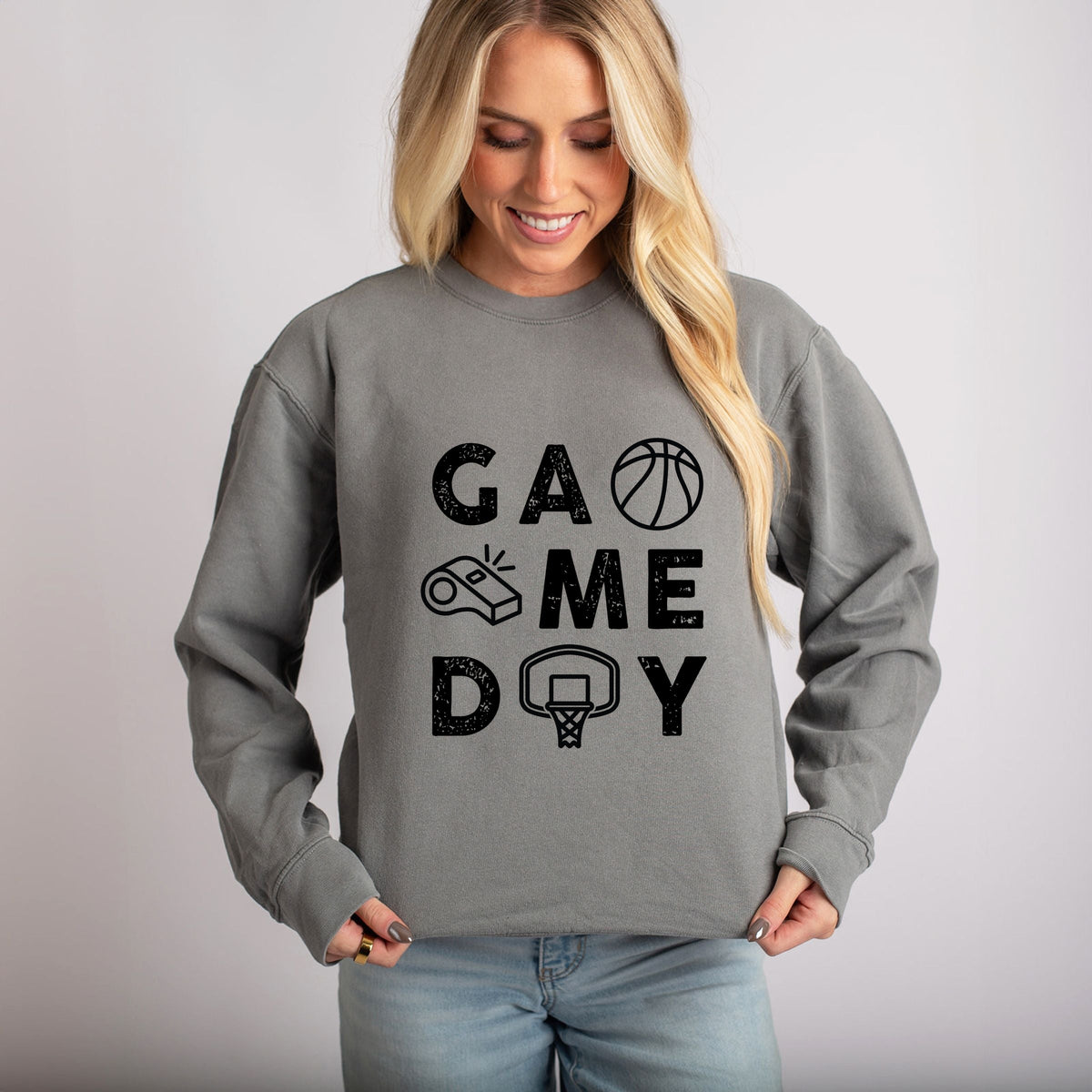 Basketball Game Day Block Distressed - Women's Lightweight Garment Dyed Sweatshirt
