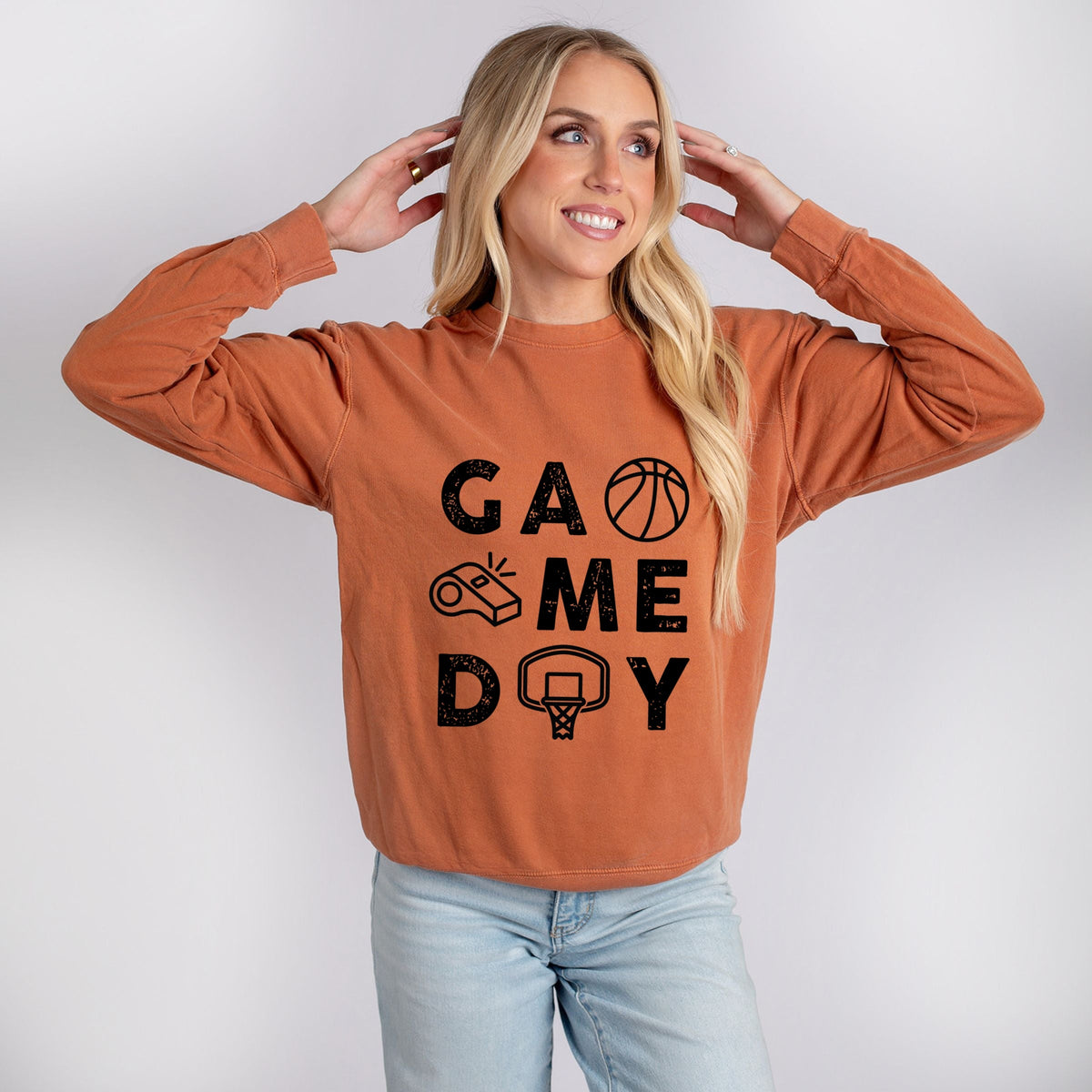 Basketball Game Day Block Distressed - Women's Lightweight Garment Dyed Sweatshirt