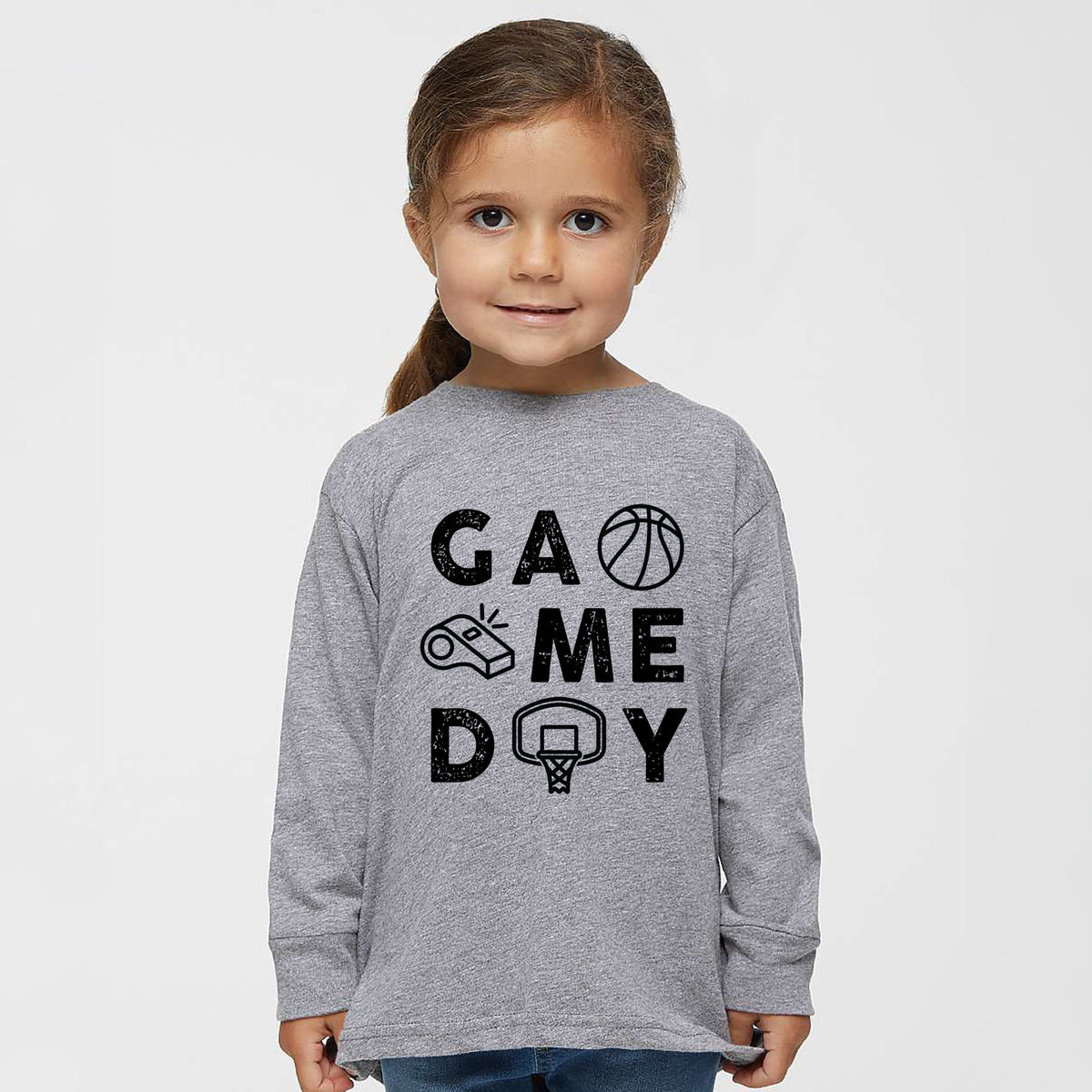 Basketball Game Day Block Distressed - Toddler Long Sleeve Graphic Tee