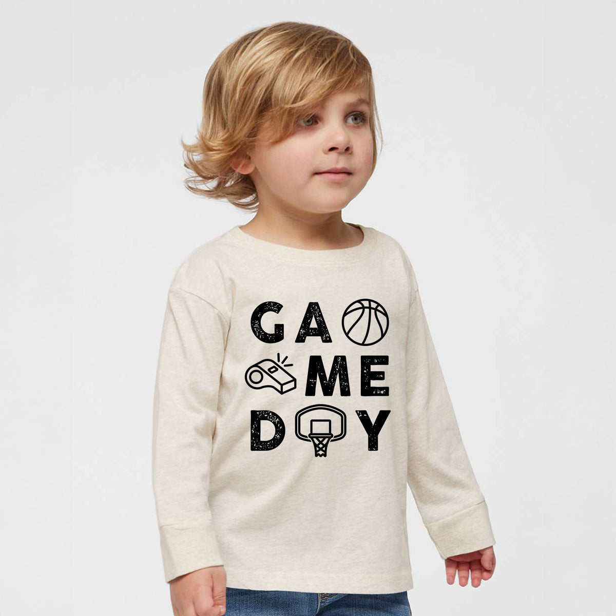 Basketball Game Day Block Distressed - Toddler Long Sleeve Graphic Tee