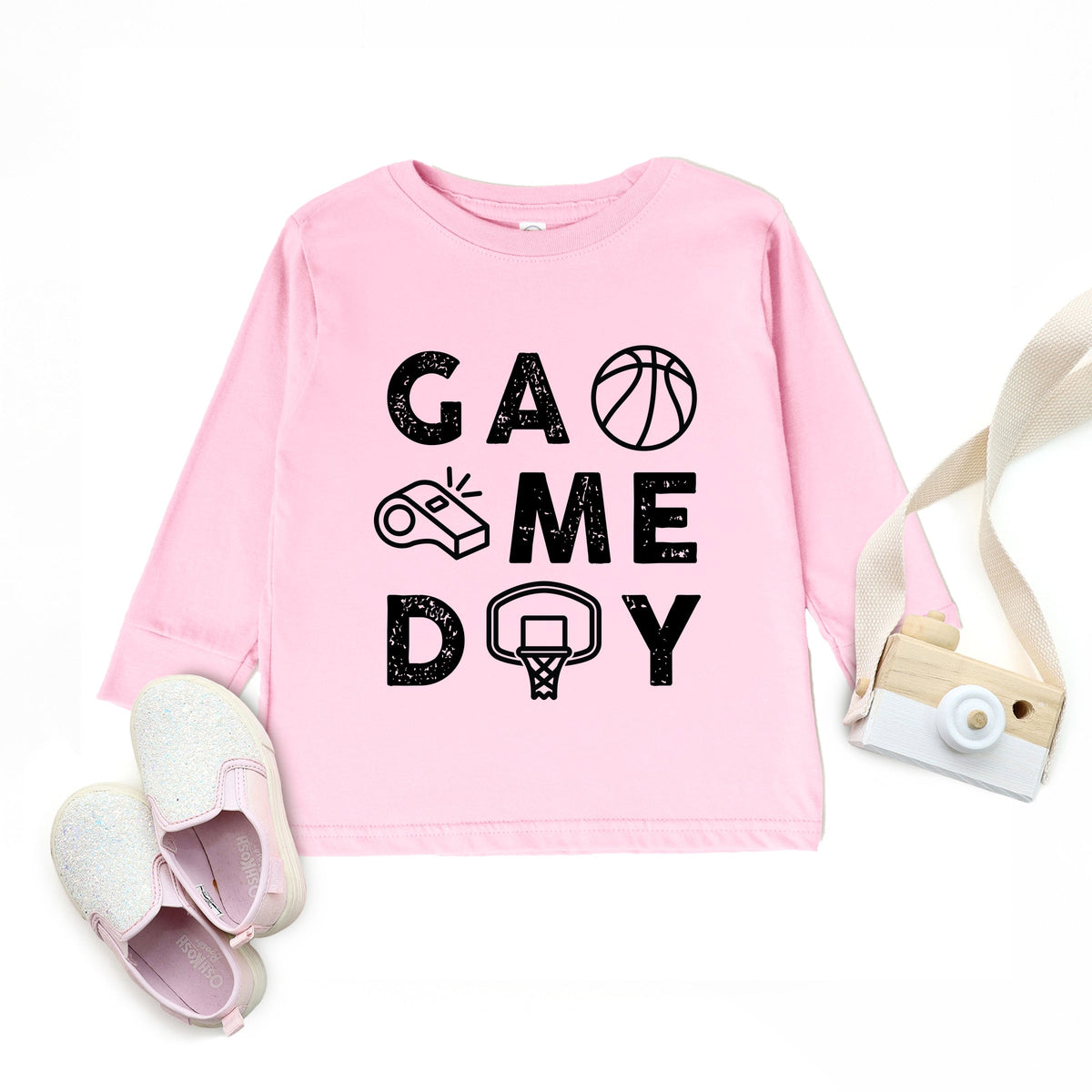 Basketball Game Day Block Distressed - Toddler Long Sleeve Graphic Tee