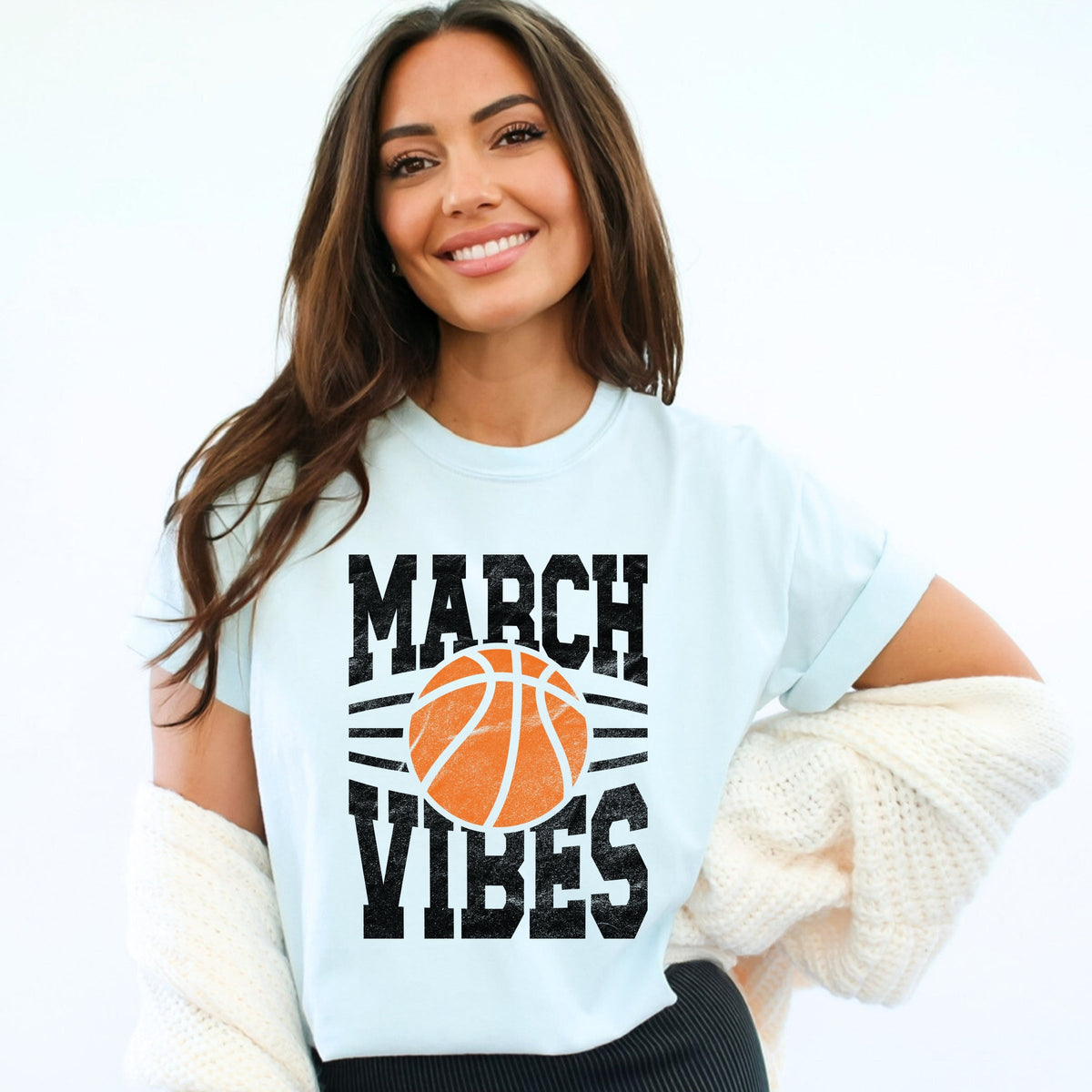 March Vibes Basketball Distressed - Women's Garment Dyed Graphic T-Shirt