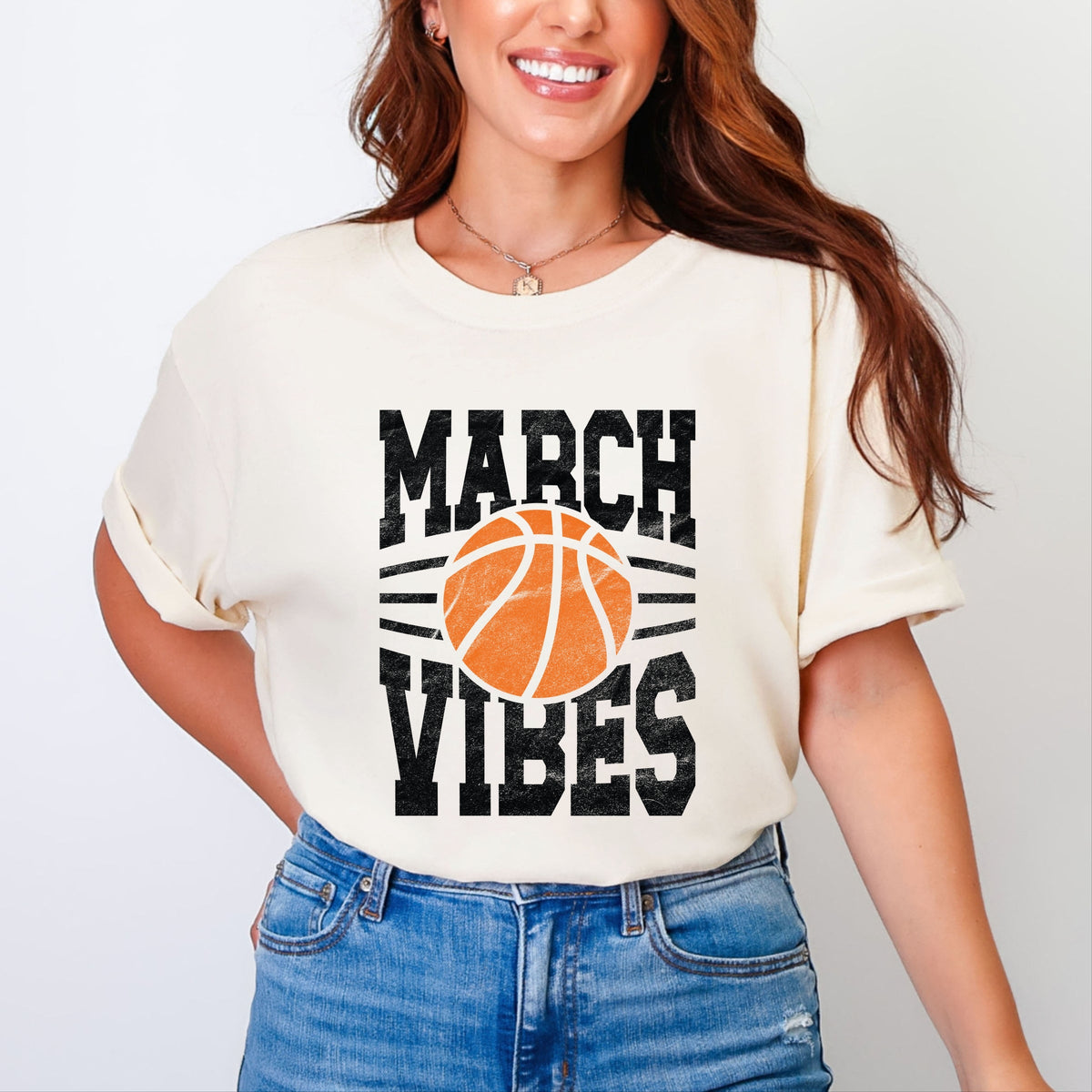 March Vibes Basketball Distressed - Women's Garment Dyed Graphic T-Shirt