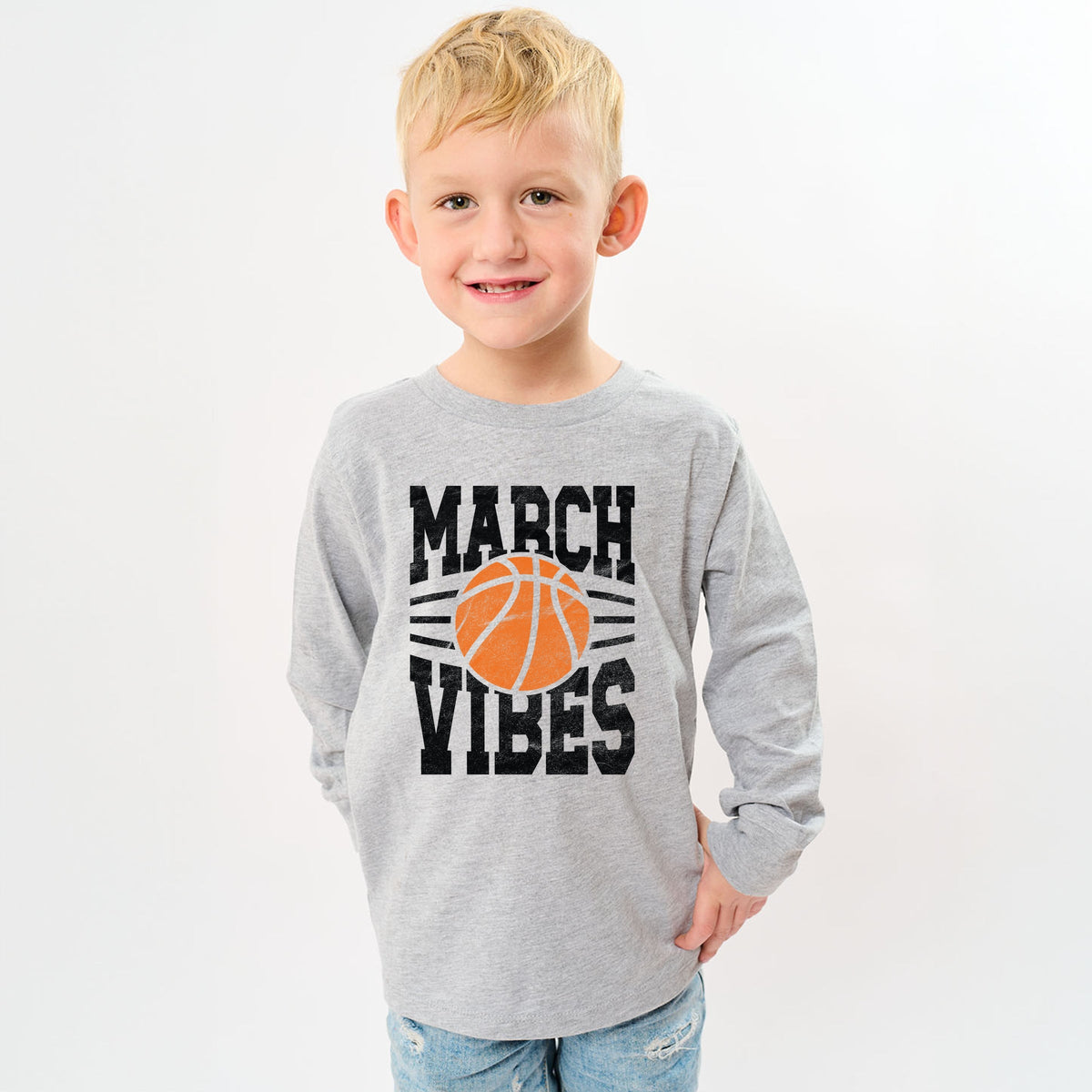March Vibes Basketball Distressed - Youth Long Sleeve Graphic T-Shirt