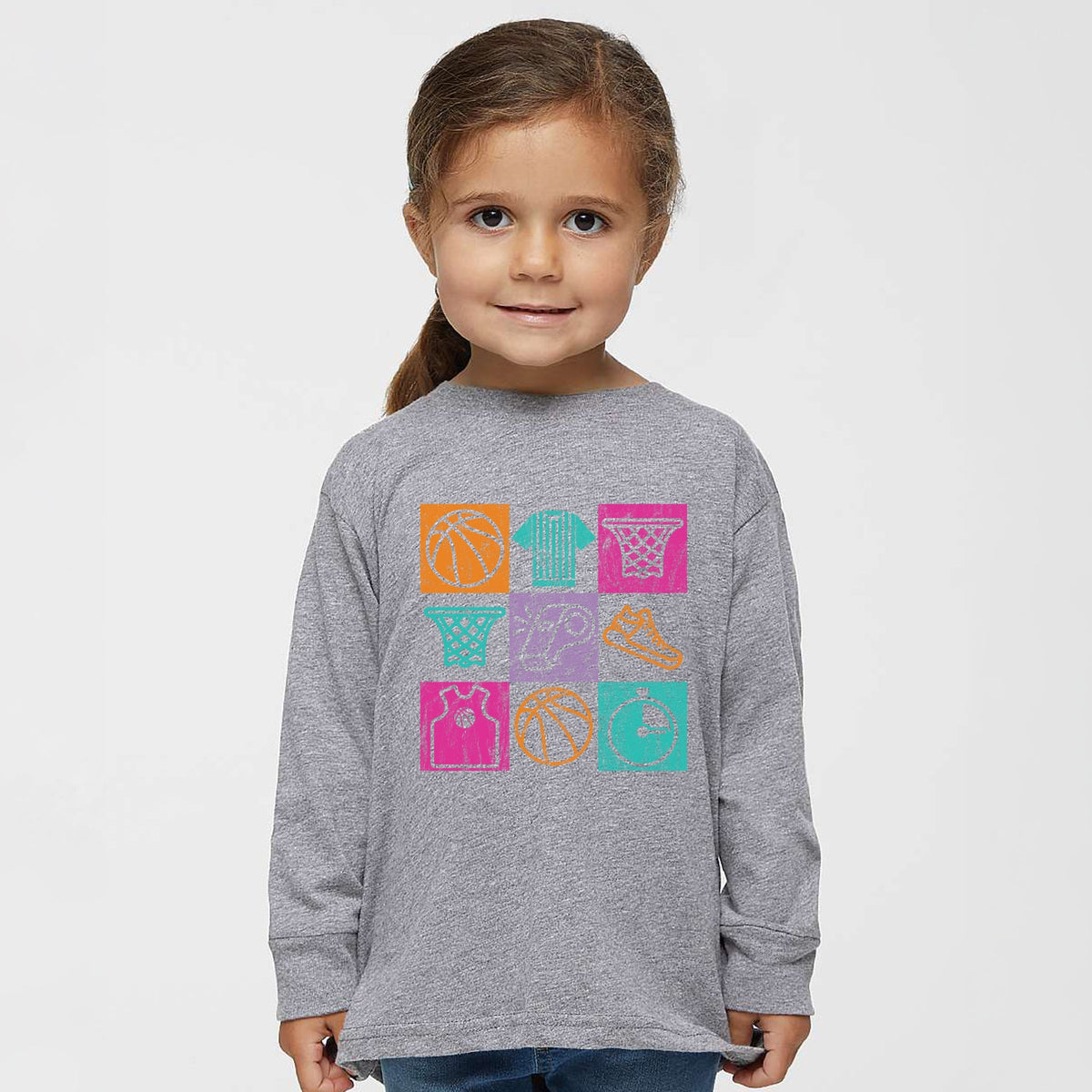 Basketball Checkered Icons - Toddler Long Sleeve Graphic Tee