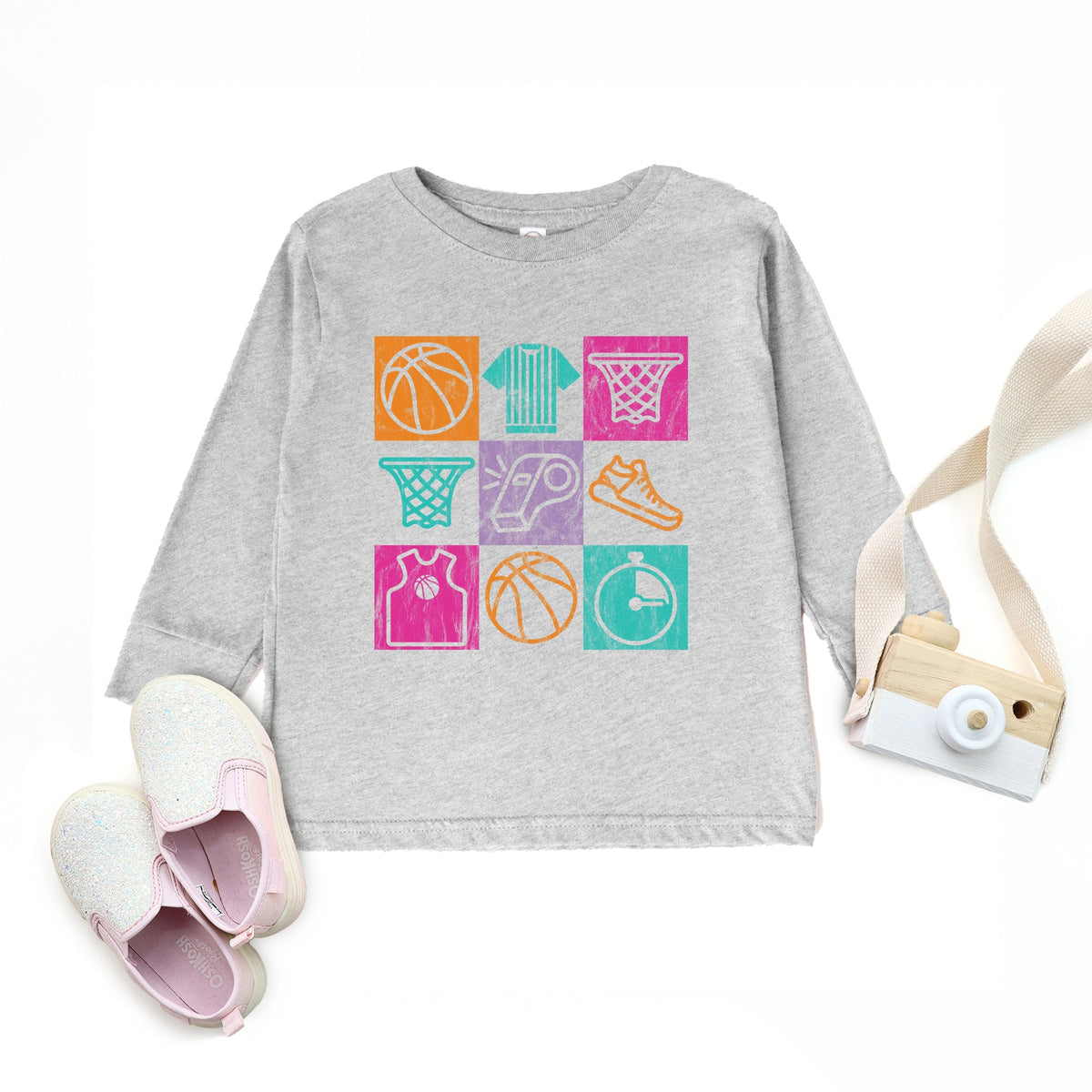 Basketball Checkered Icons - Toddler Long Sleeve Graphic Tee