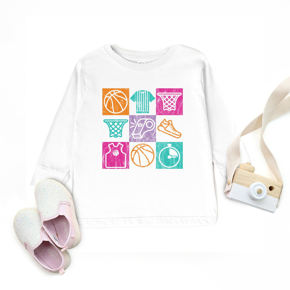Basketball Checkered Icons - Toddler Long Sleeve Graphic Tee