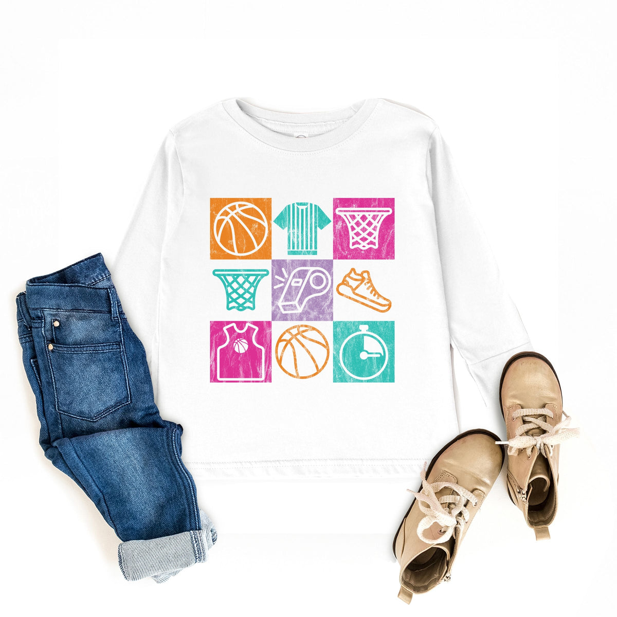 Basketball Checkered Icons - Toddler Long Sleeve Graphic Tee