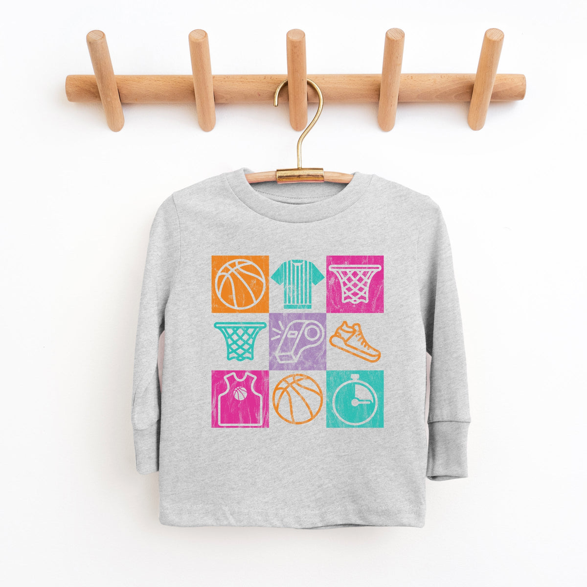 Basketball Checkered Icons - Youth Long Sleeve Graphic T-Shirt