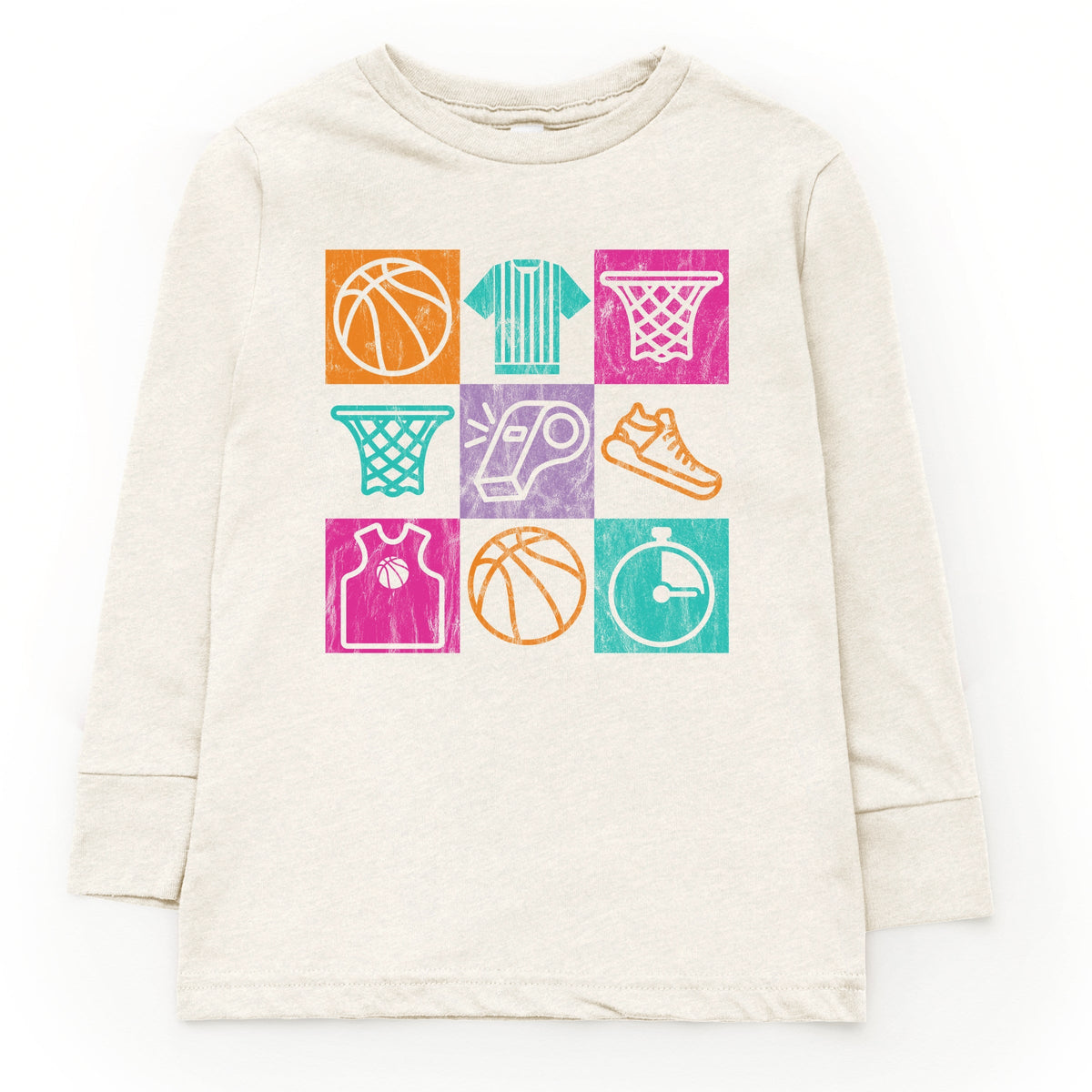 Basketball Checkered Icons - Youth Long Sleeve Graphic T-Shirt