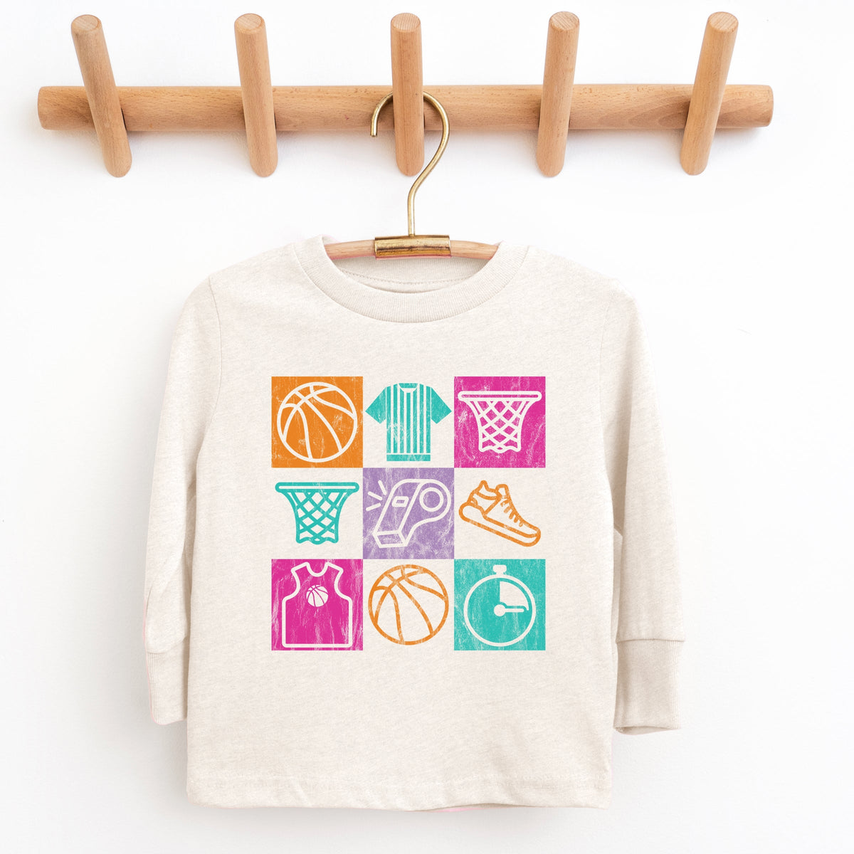 Basketball Checkered Icons - Youth Long Sleeve Graphic T-Shirt