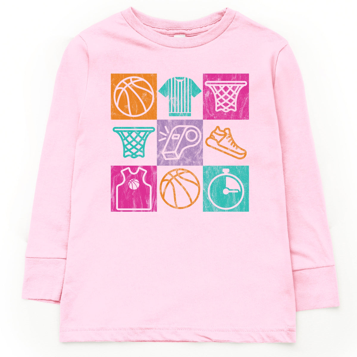 Basketball Checkered Icons - Youth Long Sleeve Graphic T-Shirt