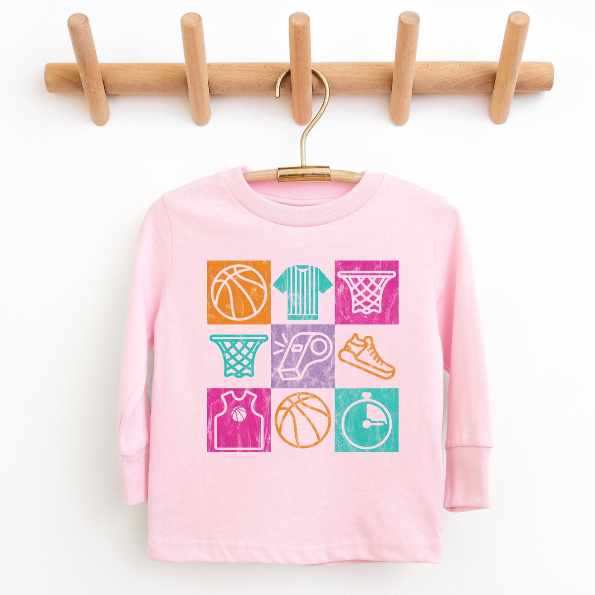 Basketball Checkered Icons - Youth Long Sleeve Graphic T-Shirt