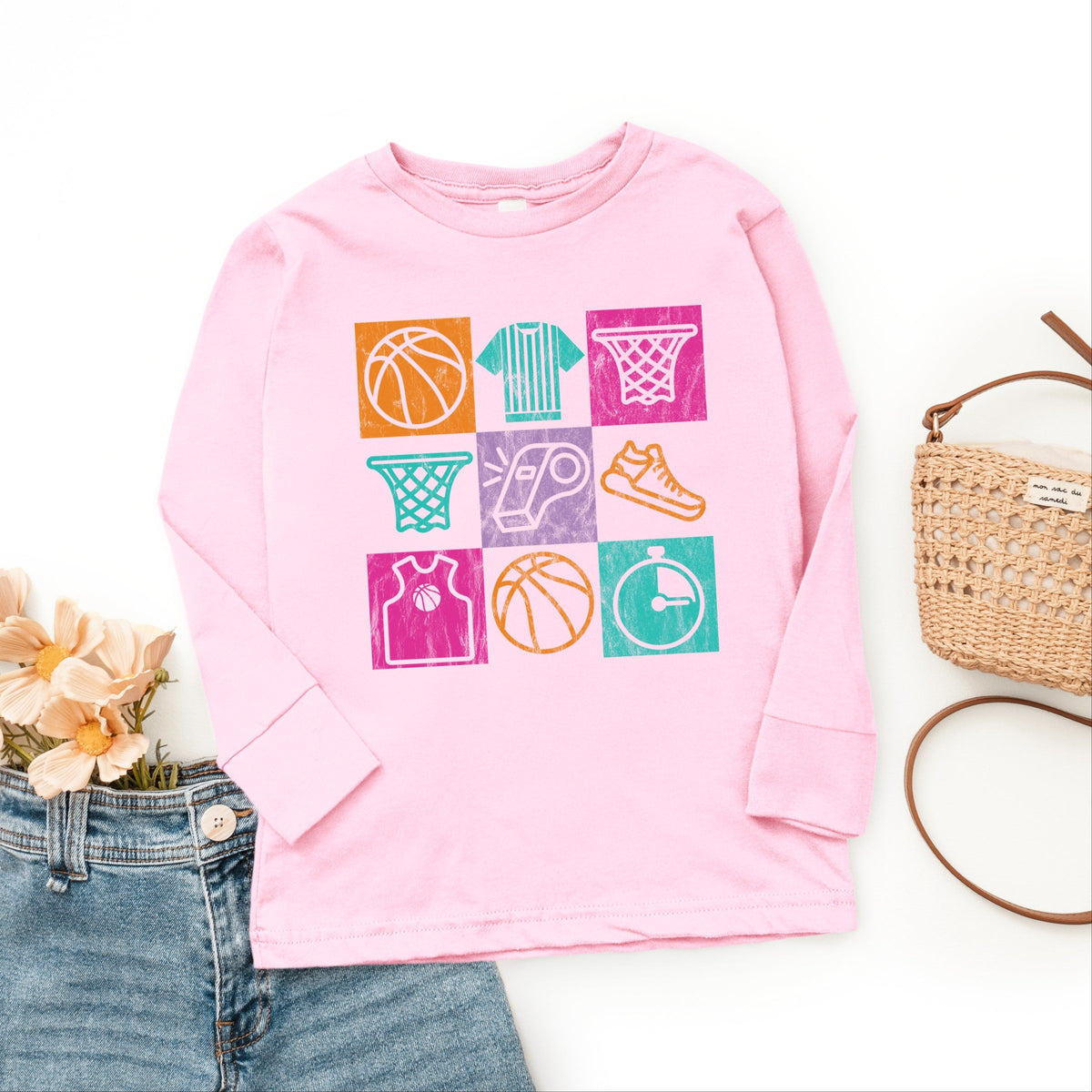 Basketball Checkered Icons - Youth Long Sleeve Graphic T-Shirt