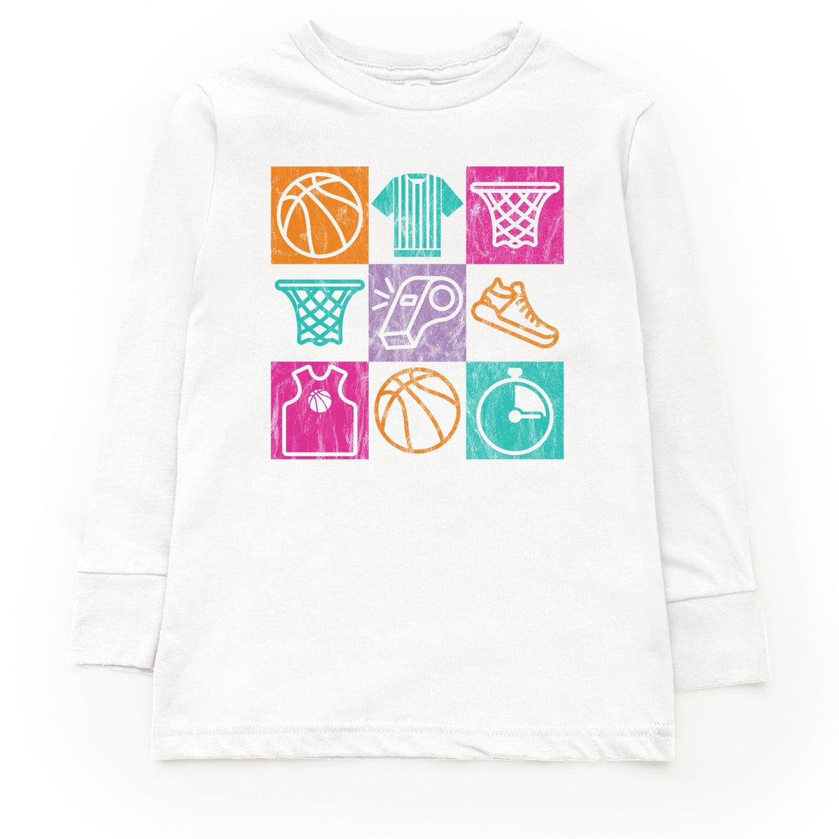 Basketball Checkered Icons - Youth Long Sleeve Graphic T-Shirt