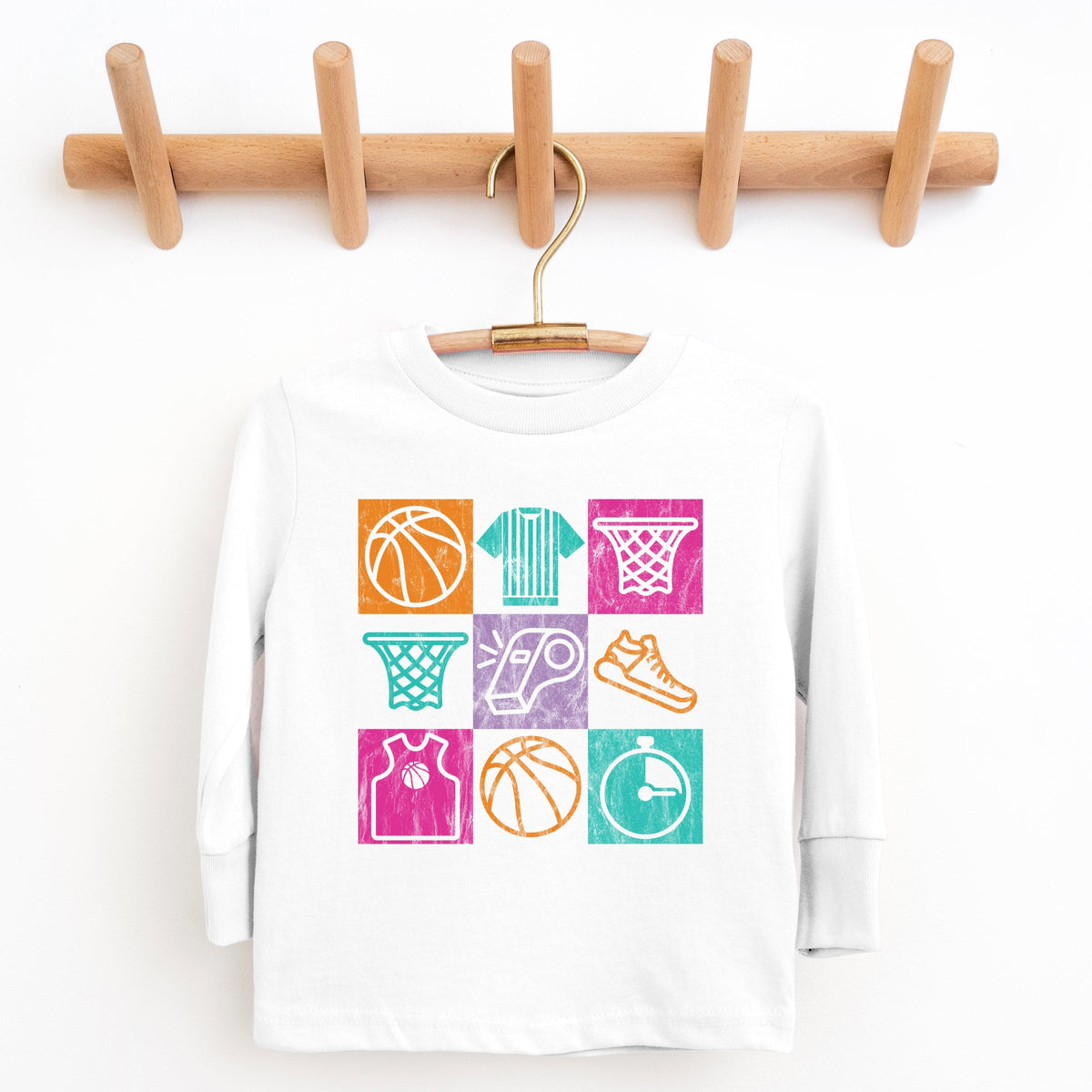 Basketball Checkered Icons - Youth Long Sleeve Graphic T-Shirt