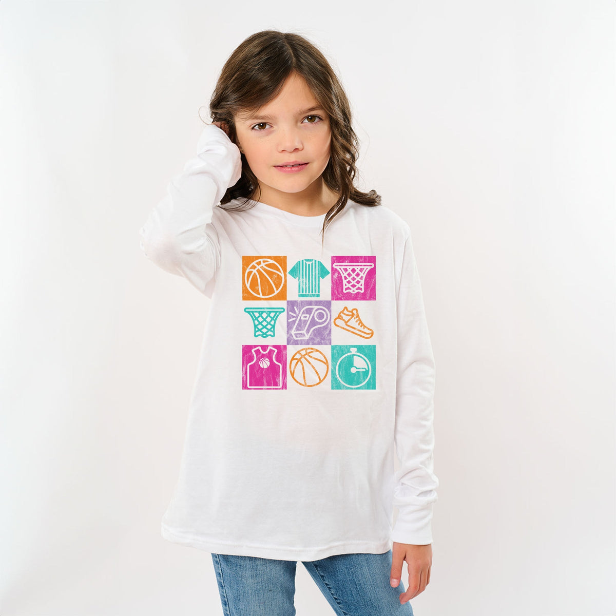 Basketball Checkered Icons - Youth Long Sleeve Graphic T-Shirt