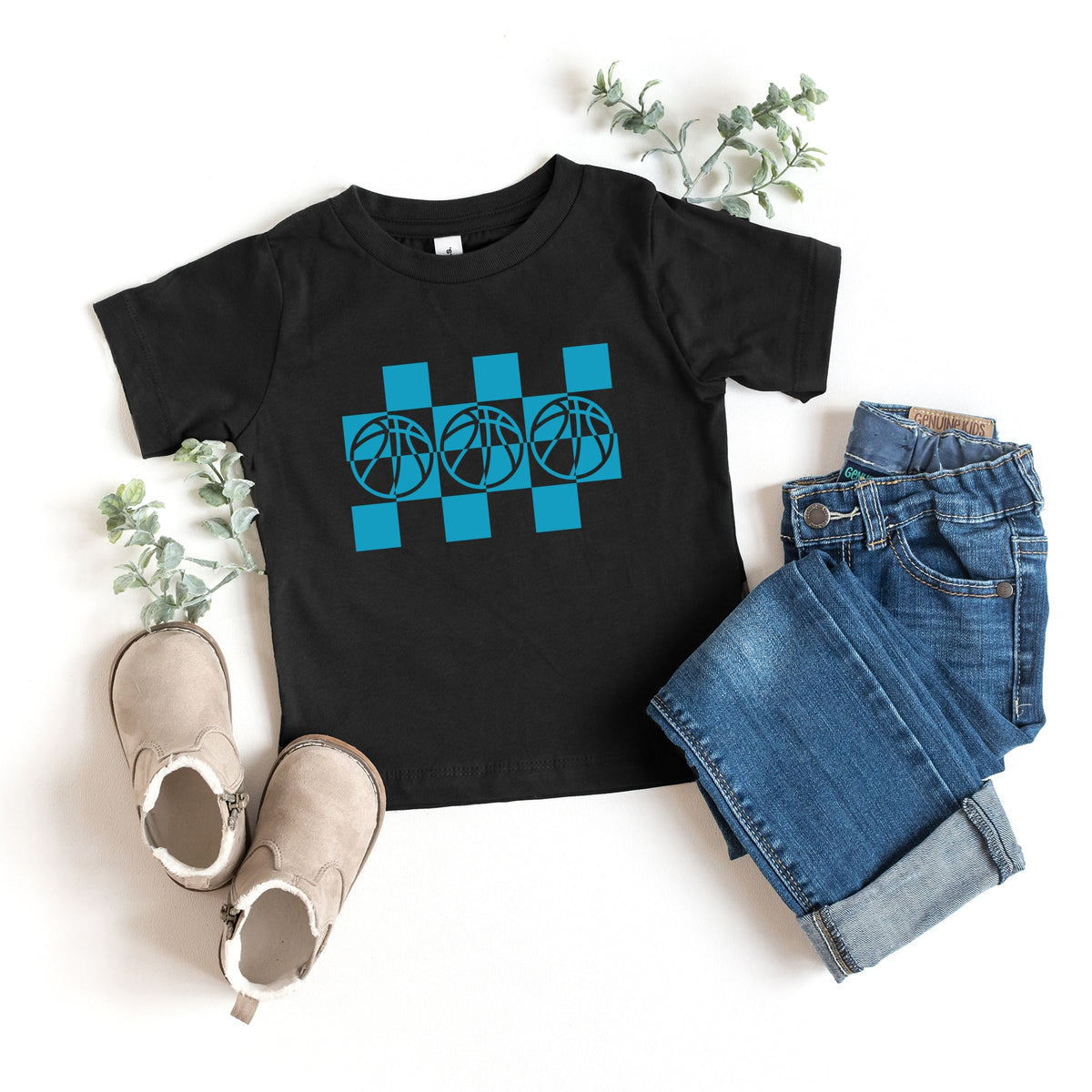 Checkered Basketball Outline - Toddler Short Sleeve Graphic T-Shirt